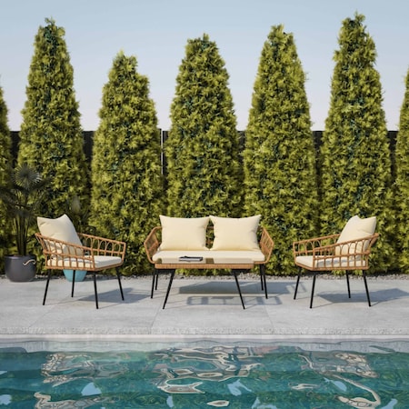 Flash Furniture 4PC NAT/Cream Indoor/Outdoor Rope Rattan Patio Set SB-1960-CREAM-GG